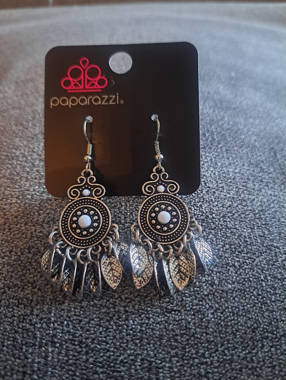 paparazzi Silver Earrings with White Accents and Leaf Charms